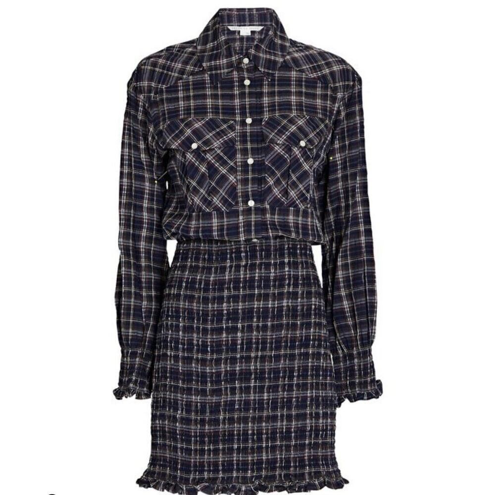 Nwt Veronica Beard Smocked Mini Dress Melnar Navy Metallic Plaid Pearl Snap